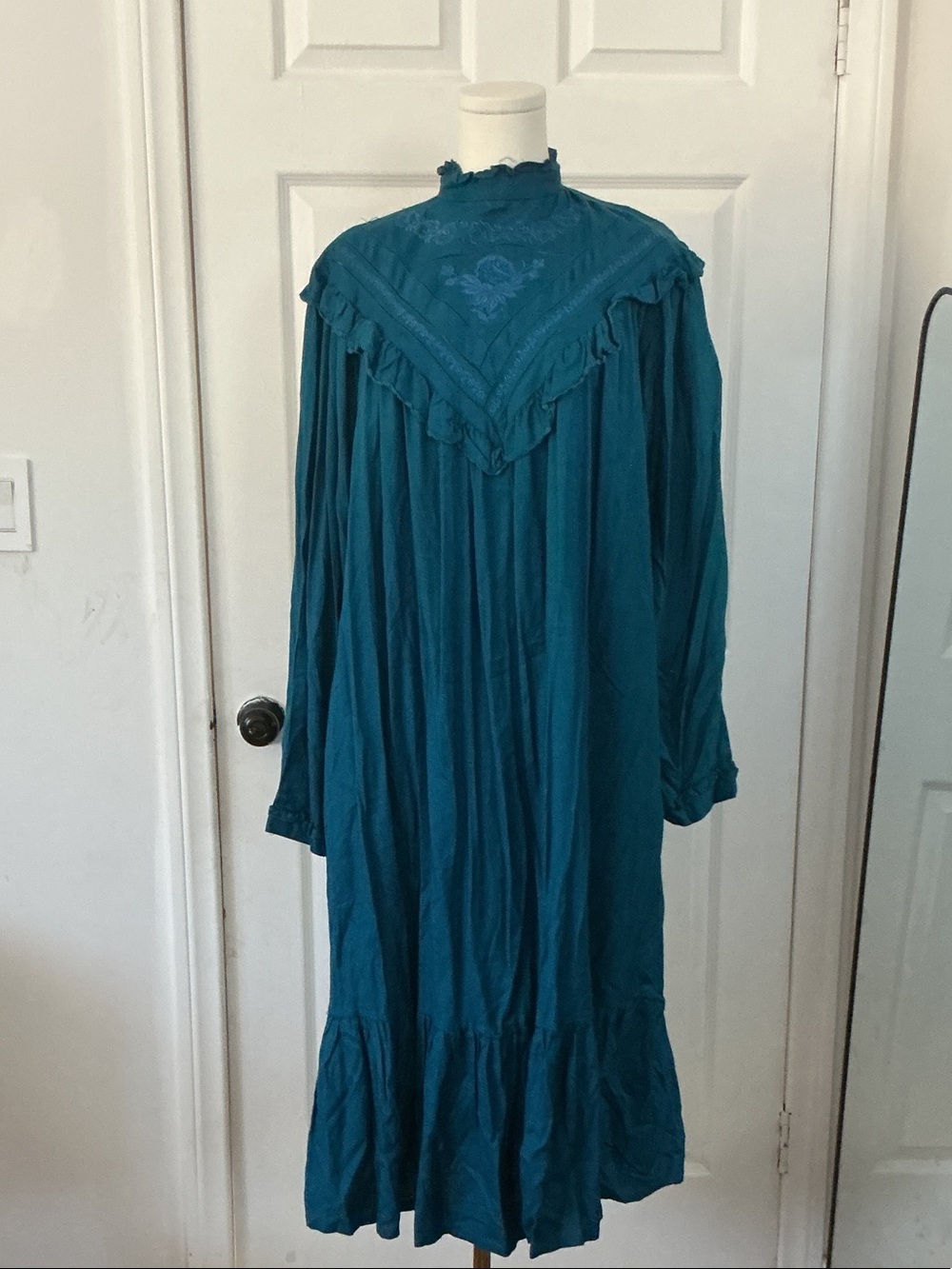 Teal High-Neck Ruffle Long Sleeve Dress